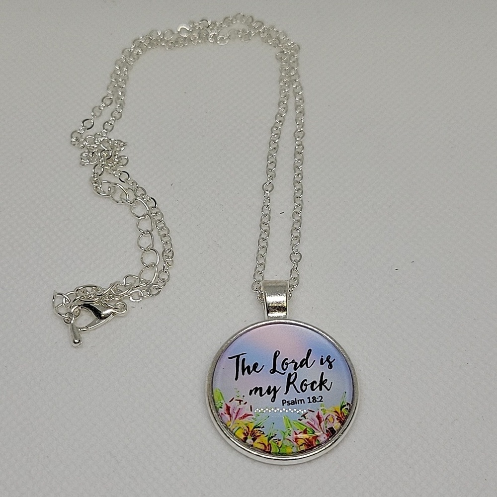 Cabochon 1" Silver Tone 20" Silver Tone Necklace The Lord Is My Rock Psalms 18:2